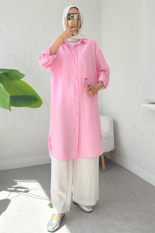 Düğmeli Uzun Tesettür Tunik 612139 - PEMBE