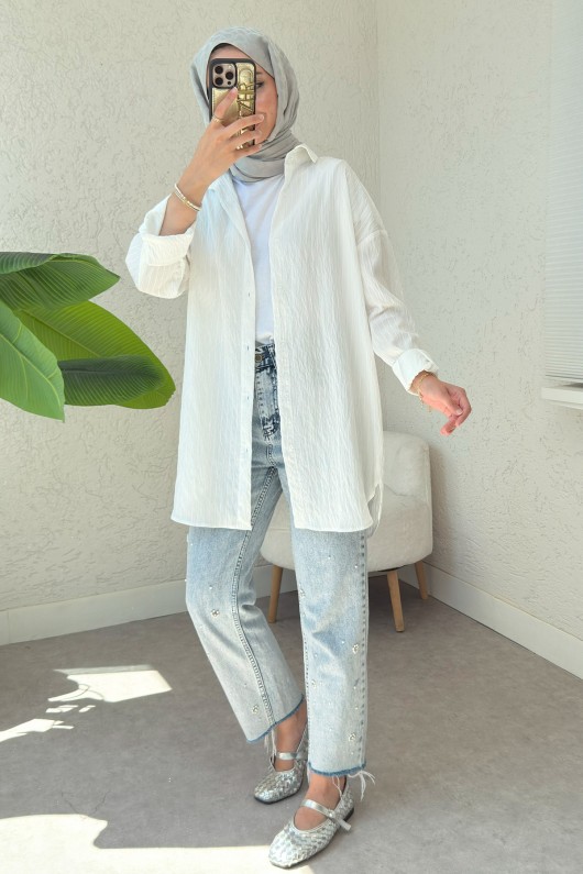 Düğmeli Tesettür Gömlek 613128 - BEYAZ Düğmeli Tesettür Gömlek 613128 - BEYAZ