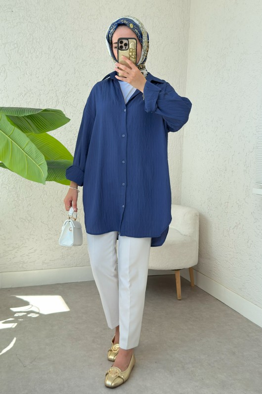 Düğmeli Tesettür Gömlek 613128 - LACİVERT