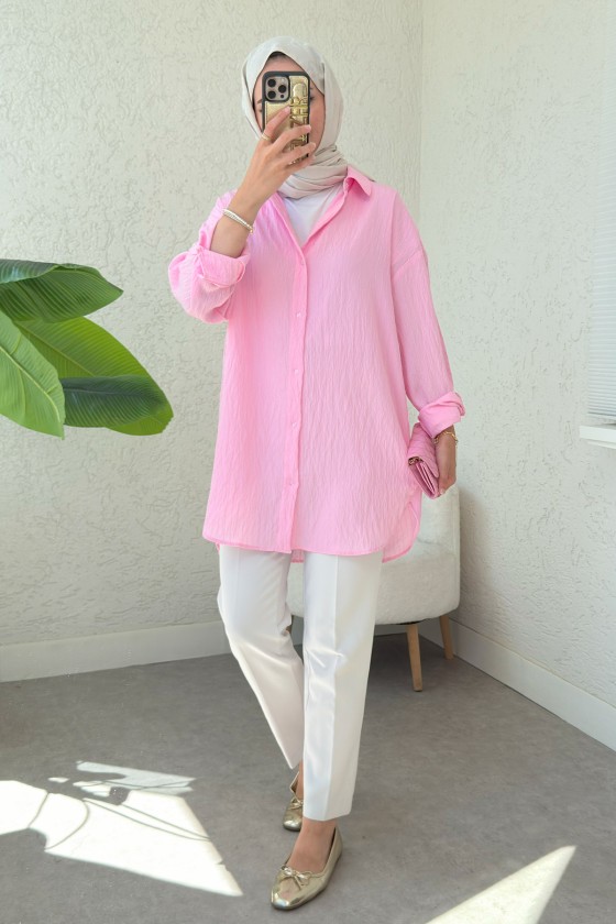 Düğmeli Tesettür Gömlek 613128 - PEMBE