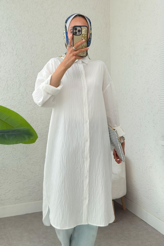 Çizgili Uzun Tesettür Tunik 613129 - BEYAZ