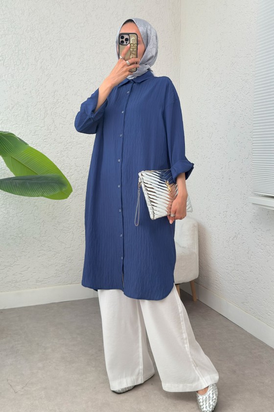 Çizgili Uzun Tesettür Tunik 613129 - LACİVERT