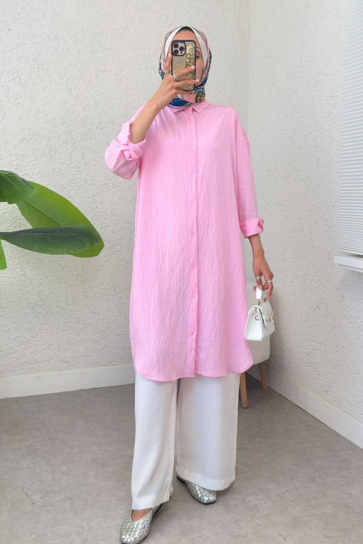 Çizgili Uzun Tesettür Tunik 613129 - PEMBE