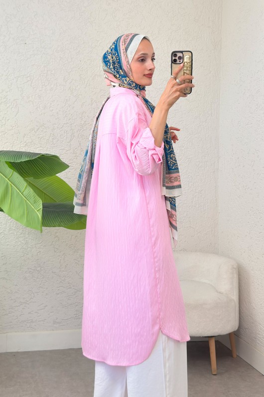 Çizgili Uzun Tesettür Tunik 613129 - PEMBE