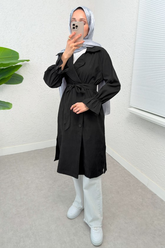 Kolları Büzgü Detaylı Trençkot 61509 - SİYAH