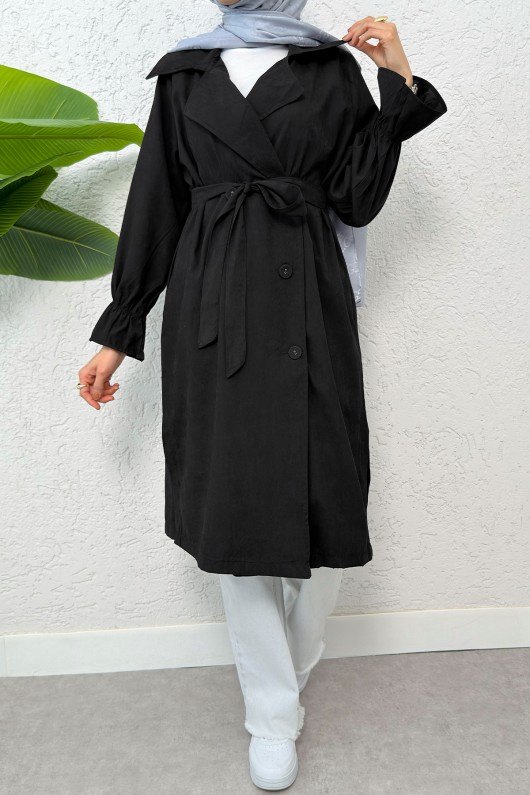 Kolları Büzgü Detaylı Trençkot 61509 - SİYAH