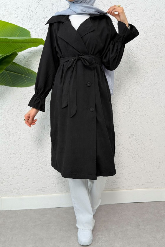 Kolları Büzgü Detaylı Trençkot 61509 - SİYAH Kolları Büzgü Detaylı Trençkot 61509 - SİYAH