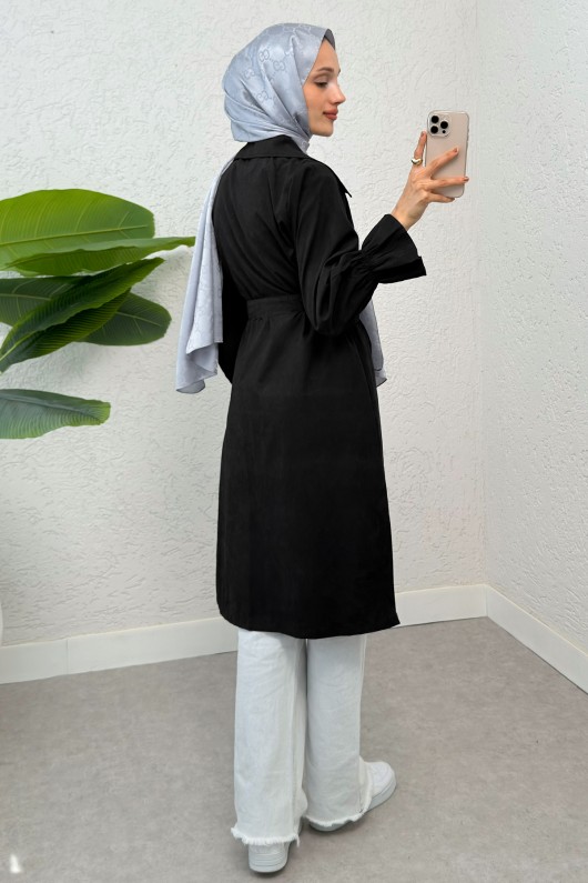 Kolları Büzgü Detaylı Trençkot 61509 - SİYAH