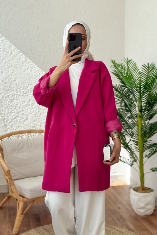 Tek Düğmeli Uzun Blazer Ceket 61529 - PEMBE