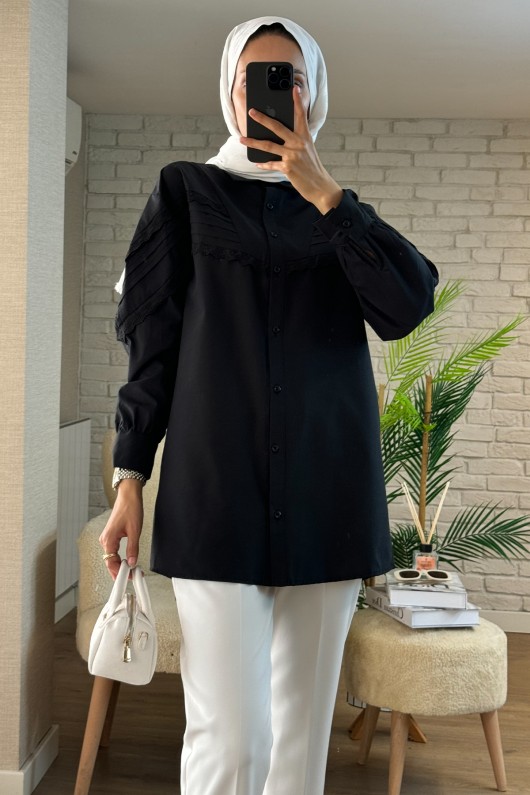 61631 Fisto Detaylı Tunik - SİYAH