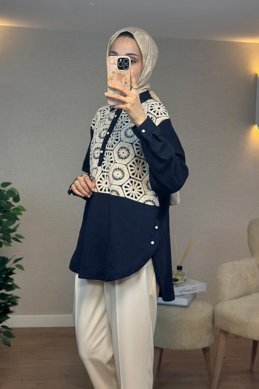 61640 Önü Dantel Detaylı Tunik - LACİVERT