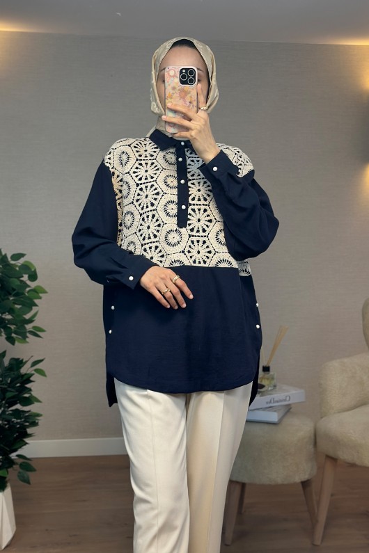 61640 Önü Dantel Detaylı Tunik - LACİVERT