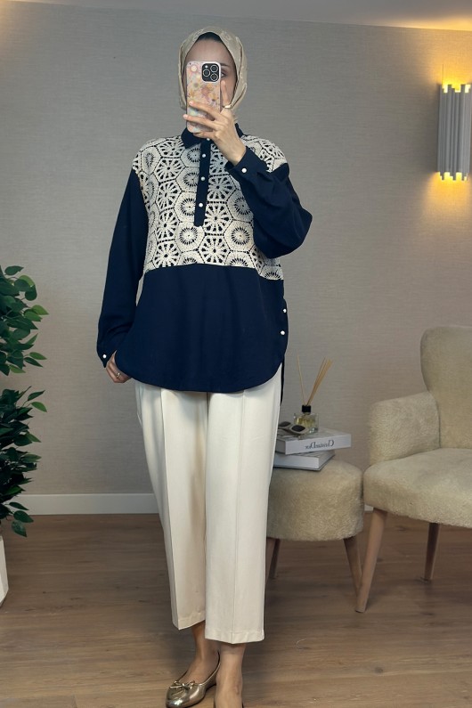 61640 Önü Dantel Detaylı Tunik - LACİVERT