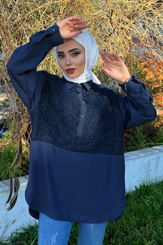 61640 Önü Dantel Detaylı Tunik - LACİVERT
