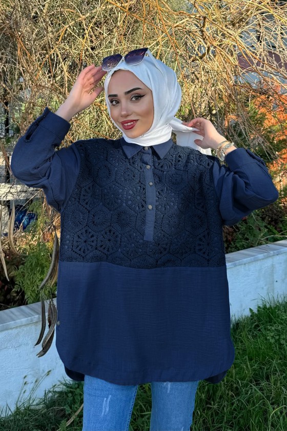 61640 Önü Dantel Detaylı Tunik - LACİVERT