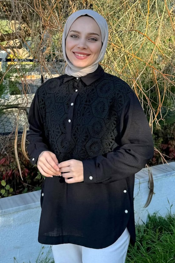 61640 Önü Dantel Detaylı Tunik - SİYAH
