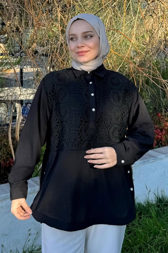 61640 Önü Dantel Detaylı Tunik - SİYAH