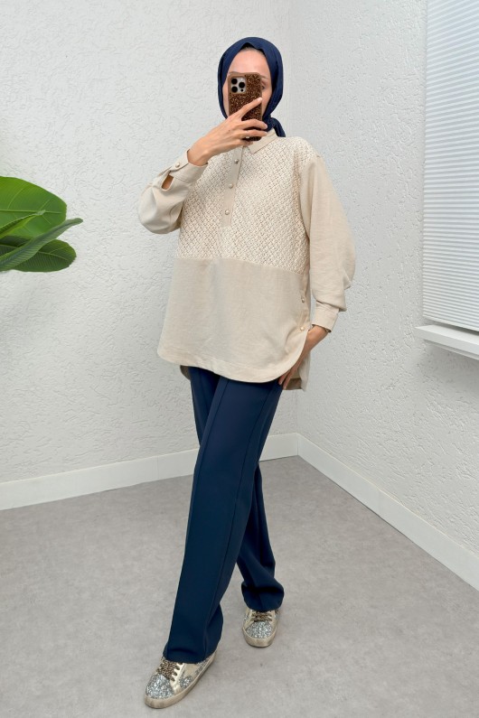 Önü Dantel Detaylı Tunik 616401 - BEJ Önü Dantel Detaylı Tunik 616401 - BEJ