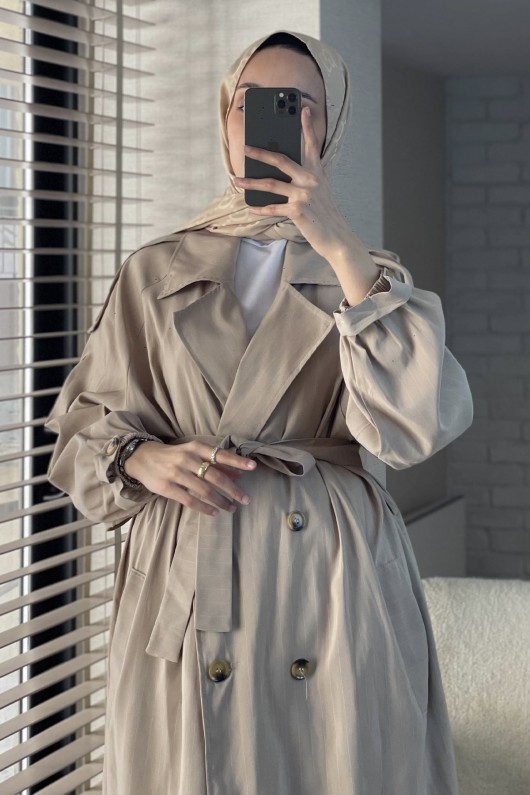 61646 Arkası Robalı Trençkot - KREM