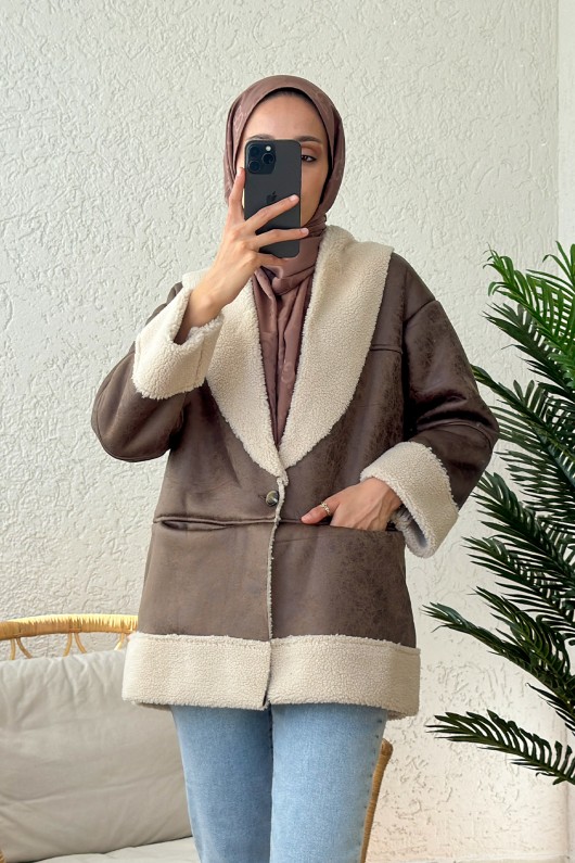 61652 İçi Peluşlu Kısa Mont - KAHVERENGİ