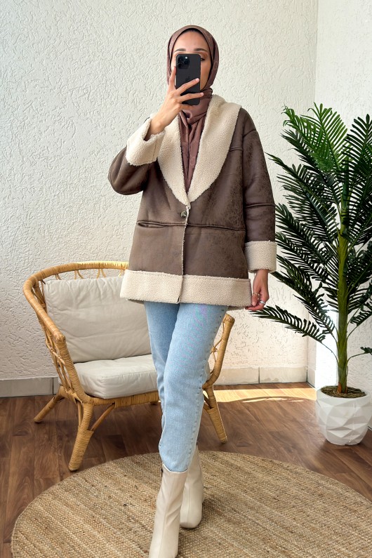 61652 İçi Peluşlu Kısa Mont - KAHVERENGİ