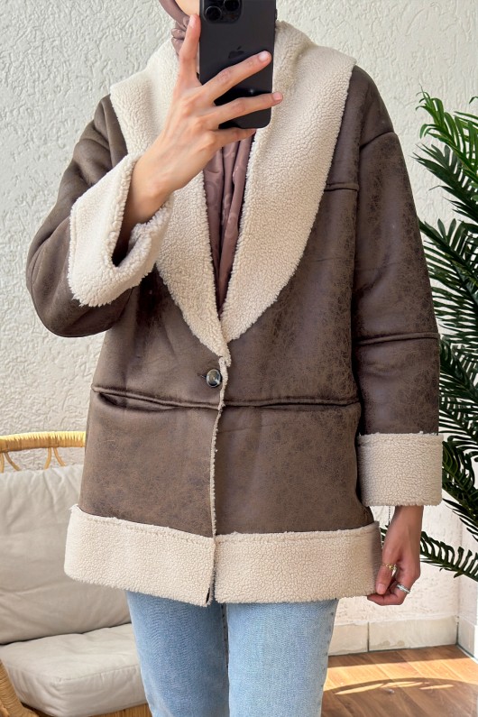 61652 İçi Peluşlu Kısa Mont - KAHVERENGİ