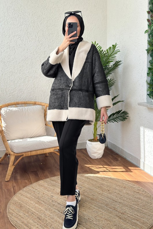 61652 İçi Peluşlu Kısa Mont - TAŞ RENGİ