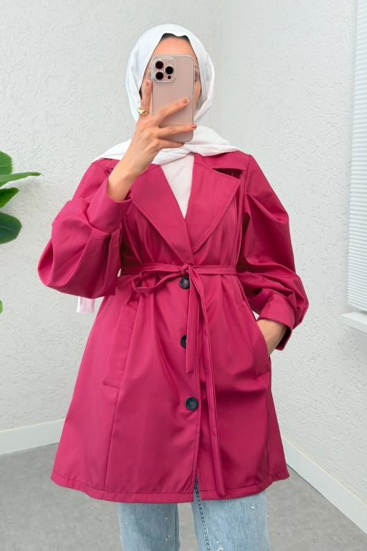 Balon Kol Kuşaklı Trençkot 61657 - FUŞYA