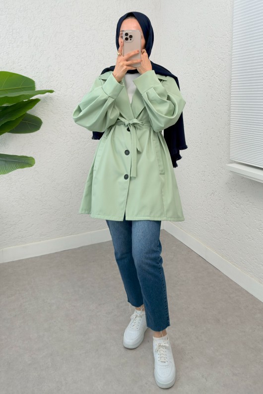 Balon Kol Kuşaklı Trençkot 61657 - SU YEŞİLİ