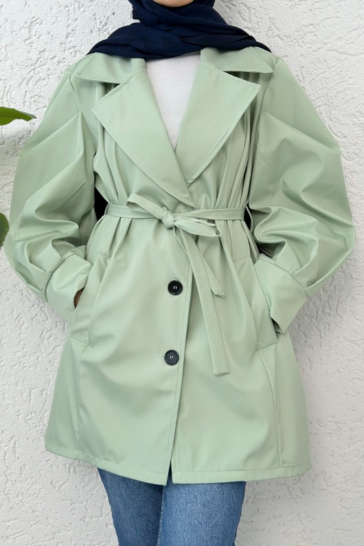 Balon Kol Kuşaklı Trençkot 61657 - SU YEŞİLİ