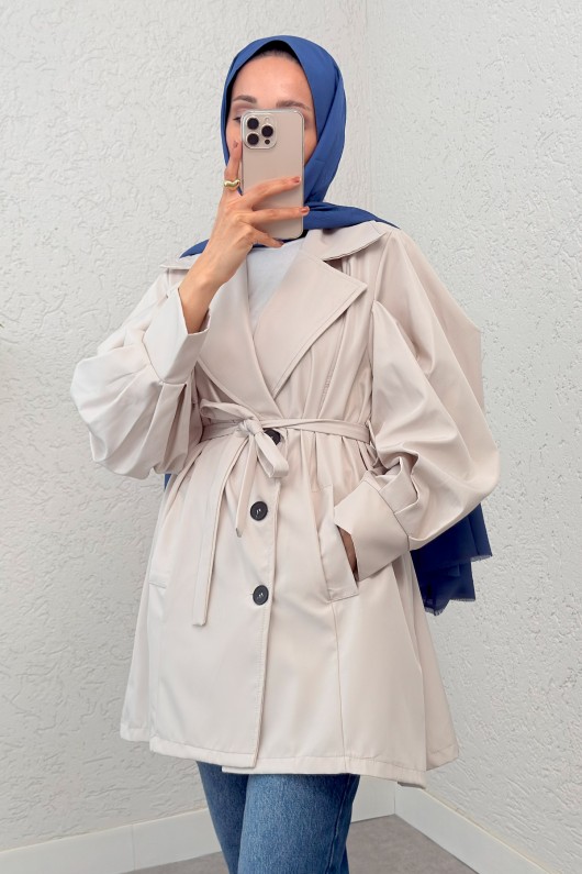 Balon Kol Kuşaklı Trençkot 61657 - TAŞ RENGİ