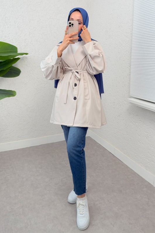 Balon Kol Kuşaklı Trençkot 61657 - TAŞ RENGİ
