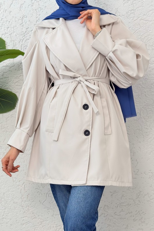 Balon Kol Kuşaklı Trençkot 61657 - TAŞ RENGİ