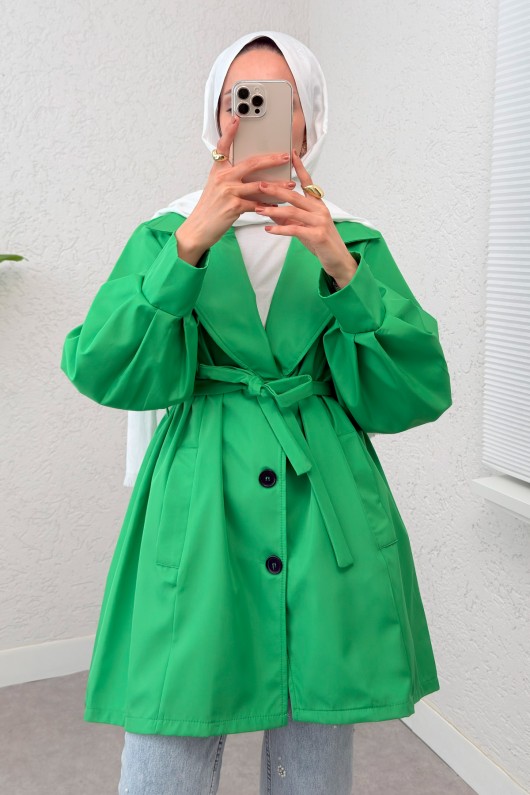 Balon Kol Kuşaklı Trençkot 61657 - YEŞİL Balon Kol Kuşaklı Trençkot 61657 - YEŞİL