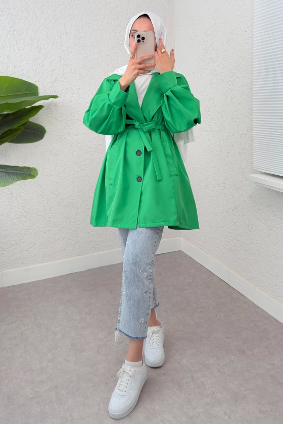 Balon Kol Kuşaklı Trençkot 61657 - YEŞİL Balon Kol Kuşaklı Trençkot 61657 - YEŞİL