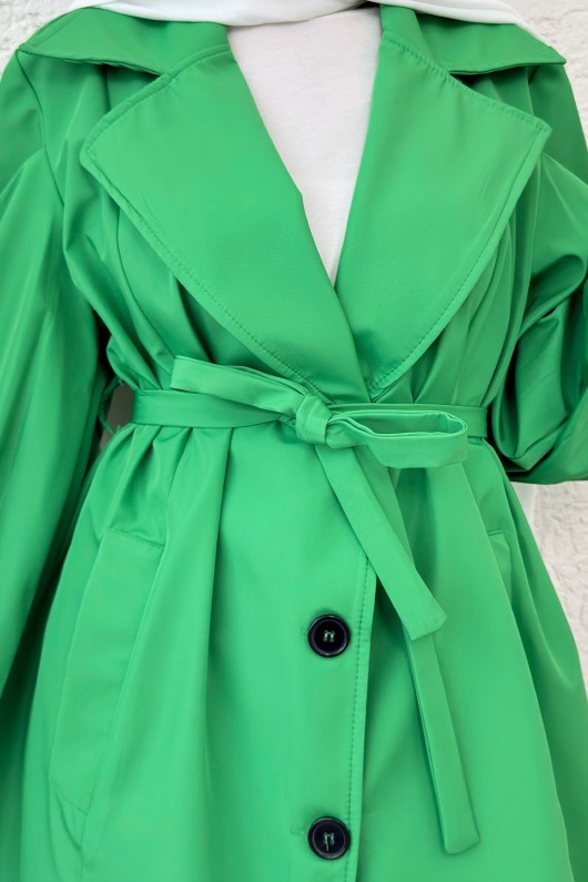 Balon Kol Kuşaklı Trençkot 61657 - YEŞİL Balon Kol Kuşaklı Trençkot 61657 - YEŞİL