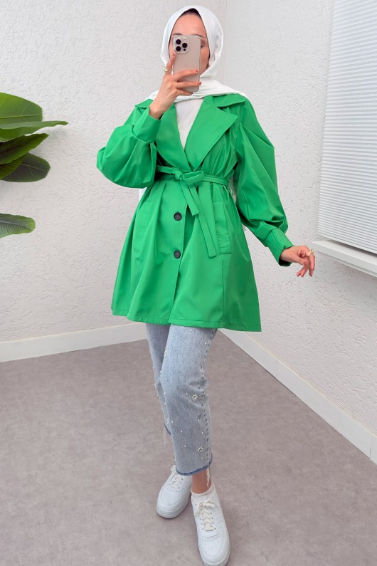 Balon Kol Kuşaklı Trençkot 61657 - YEŞİL Balon Kol Kuşaklı Trençkot 61657 - YEŞİL