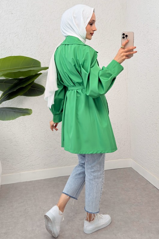 Balon Kol Kuşaklı Trençkot 61657 - YEŞİL Balon Kol Kuşaklı Trençkot 61657 - YEŞİL