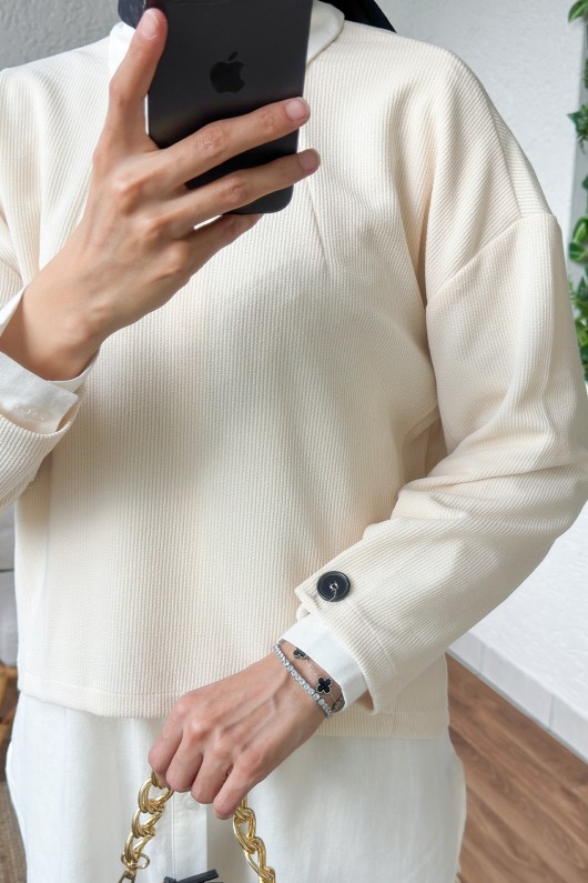 61659 Kol Düğme Detaylı Takım - BEJ