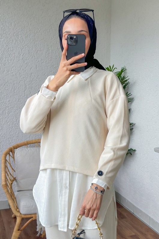 61659 Kol Düğme Detaylı Takım - BEJ