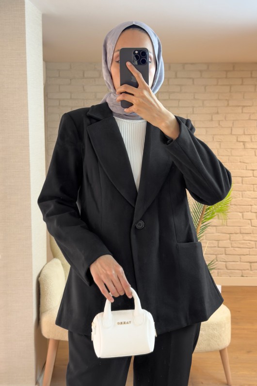 61662 Tek Düğmeli Kaşe Ceket - SİYAH