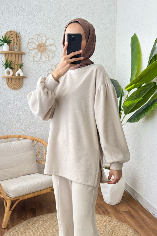 Paçası Yırtmaçlı Takım 61665 - TAŞ RENGİ