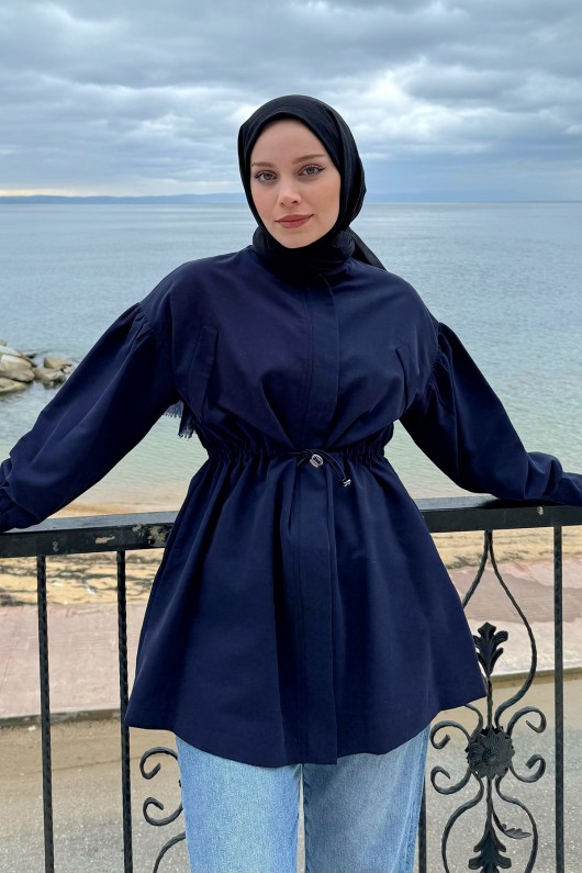 61666 Bel Büzgülü Kısa Kap - LACİVERT 61666 Bel Büzgülü Kısa Kap - LACİVERT