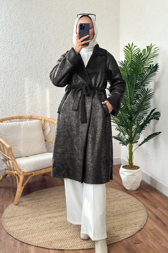 61667 İçi Peluşlu Uzun Manto - SİYAH