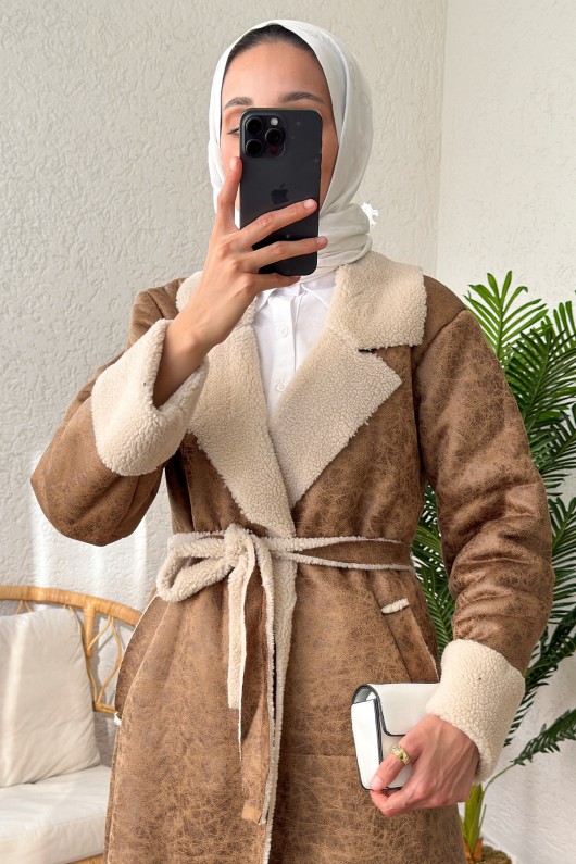 61667 İçi Peluşlu Uzun Manto - TABA