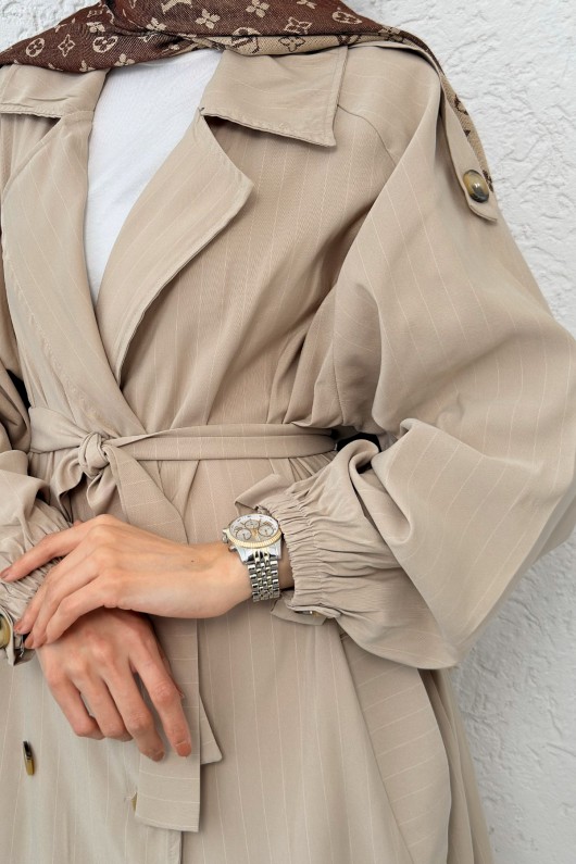 Çizgili Trençkot 61673 - TAŞ RENGİ