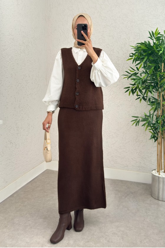 Triko Yelekli Takım 70136 - KAHVERENGİ