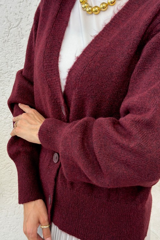 Düğmeli Triko Hırka 70148 - BORDO
