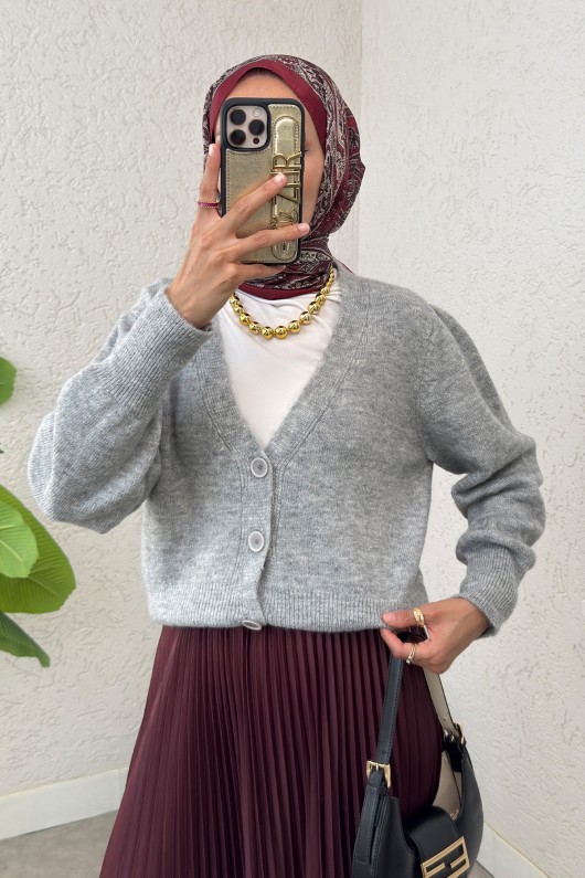 Düğmeli Triko Hırka 70148 - GRİ