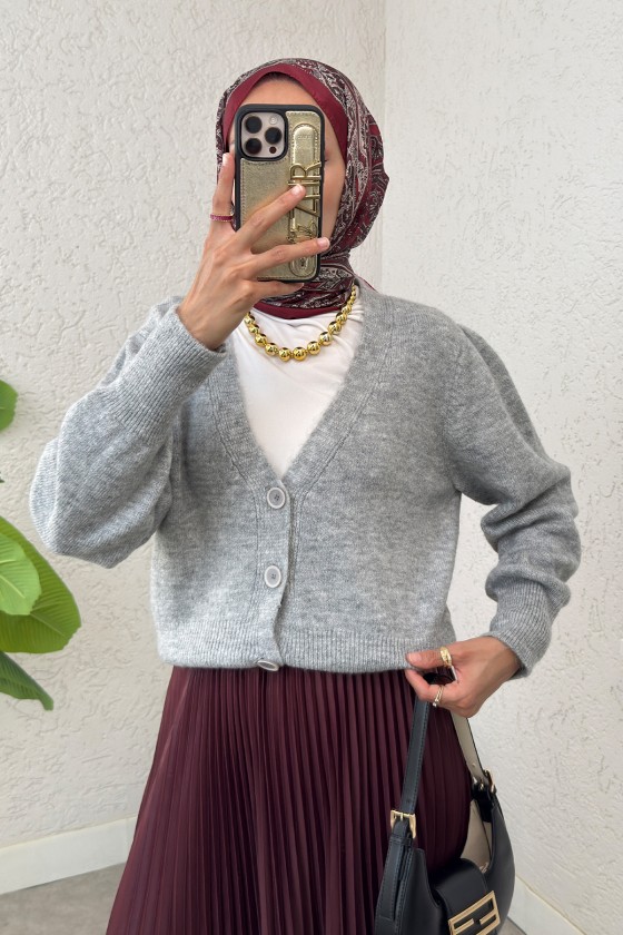 Düğmeli Triko Hırka 70148 - GRİ